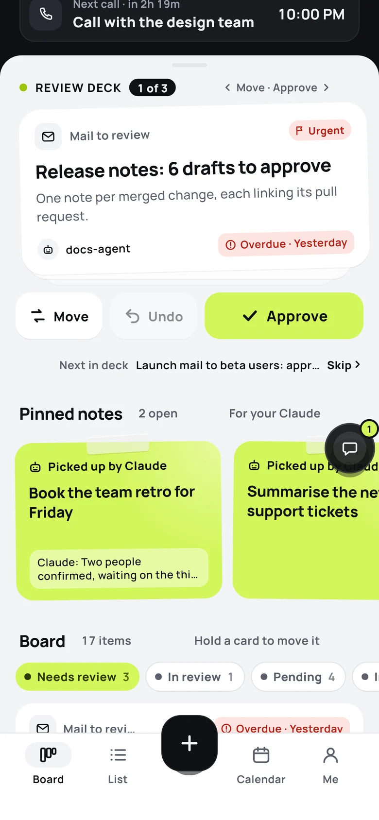 Pinned notes on the board marked 'Picked up by Claude', one with Claude's update: two people confirmed, waiting on the third.