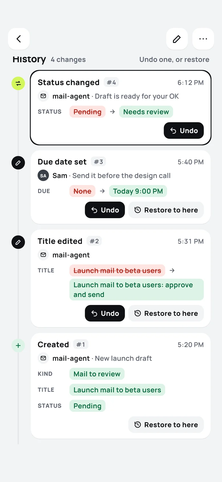 An item's history: status changed, due date set, title edited and created, each with before and after values and Undo or Restore to here.