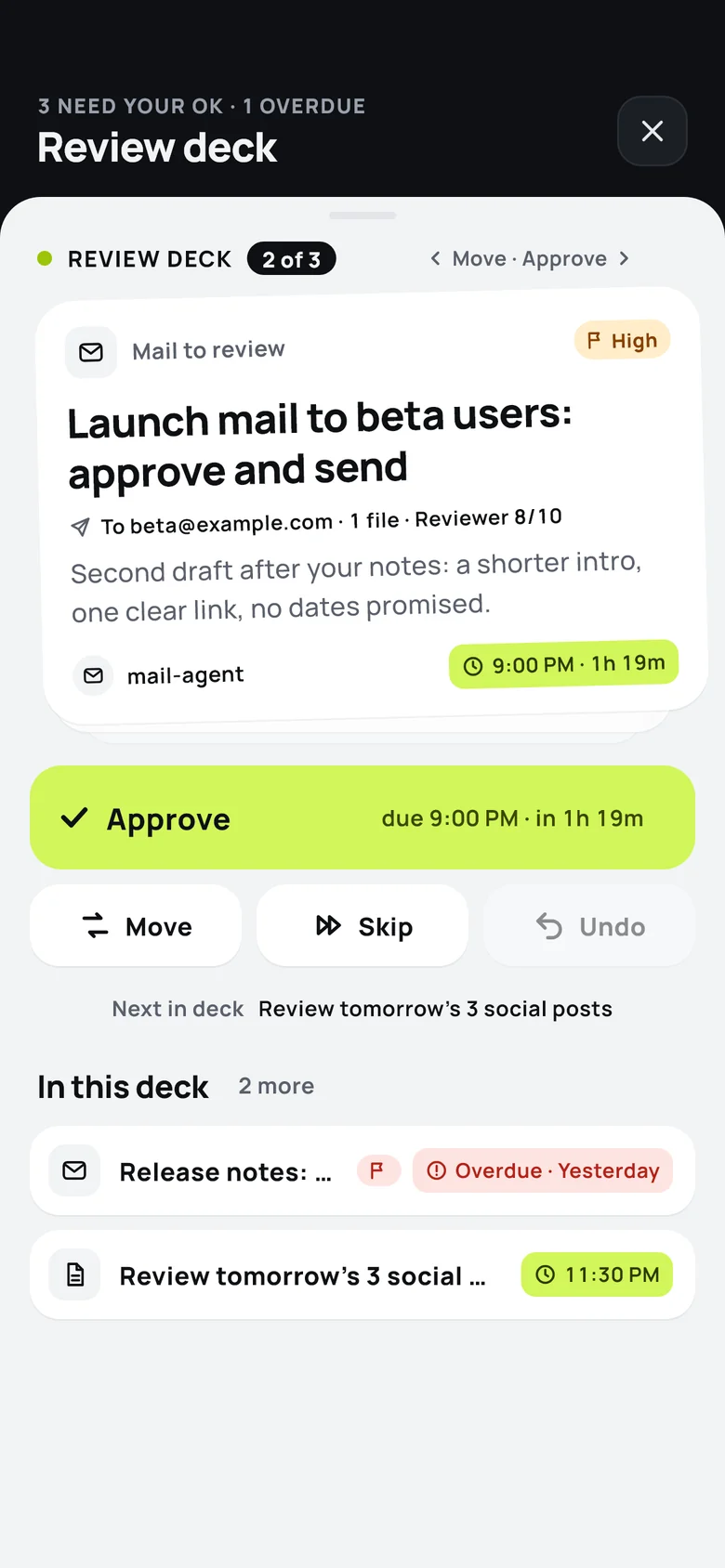 The review deck: a card to approve, with Move, Undo and Approve, and the rest of the deck below.